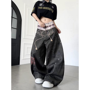 Jean en denim écologique respirant taille haute coupe droite Cyber Grunge Y2K pour femme, délavé, coupe oversize, jambe large, style streetwear 100% - Product Image 1