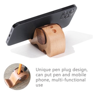 Support de téléphone et porte-stylo en bois naturel poli, organisateur de bureau personnalisé en forme d'animal, logo OEM sur mesure, vente en gros - Product Image 1