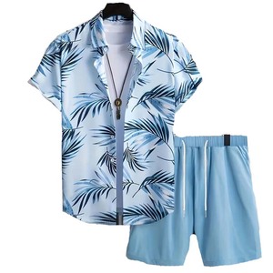 Conjunto de camiseta de manga corta y pantalones cortos de algodón sublimados personalizados para hombre, camisa de manga corta con botones y pantalones cortos - Product Image 1