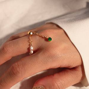<b>Emerald</b> Pearl Birthstone <b>Ring</b> 925 Sterling <b>Silver</b> 14K Gold Plated Adjustable Chain Dainty Jewelry Luxury Premium Grade for - Product Image 1