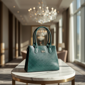 Bolso de mano de cuero genuino para mujer WRIZA |   Bolso Tote Verde Esmeralda con Textura de Cocodrilo, Cierre de Cremallera, Resistente al Agua, para Oficina, Viajes y Moda - Product Image 4