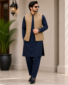 <b>Men's</b> Navy Blue <b>Kurta</b> Pajama With Beige Waistcoat Traditional Indian Pakistani Casual Wear Regular Fit Cotton Outfit - Product Image 4