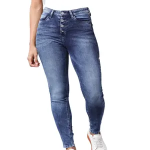 定制标志风格女性蓝色修身牛仔高腰清洁外观可拉伸牛仔裤