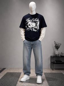 T-shirt noir à manches courtes pour homme avec imprimé graphique blanc sur le devant, col rond, coupe classique, décontracté, respirant, en jersey de coton - Product Image 1
