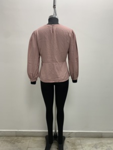 Women's <b>Pink</b> <b>Long</b> <b>Sleeve</b> Wrap Blouse Collarless Elegant <b>Top</b> With Tie Sash For Office - Product Image 2