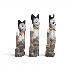 Ensemble de figurines de chats rustiques en bois sculpté à la main avec finition naturelle vieillie, ensemble d'ornements de décoration pour la maison - Product Image 3