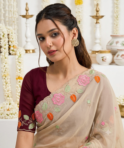 Beige Rayon <b>Saree</b> With Pink Floral Embroidery And Maroon Blouse <b>For</b> <b>Women</b> Traditional Indian Wedding Wear - Product Image 2
