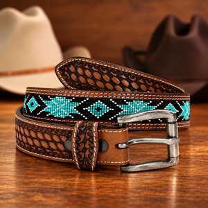 <b>Western</b> Embroidered Leather <b>Belt</b> With Turquoise Beaded Geometric Pattern Silver Pin Buckle Casual Durable Ethnic Style - Product Image 1