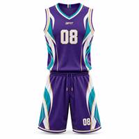 Ensemble de maillots de basket-ball sublimés personnalisés, violet, turquoise, blanc, imprimé géométrique, col en V, sans manches, maille respirante, séchage rapide, 100%