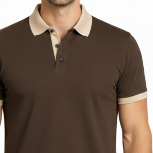 Polo homme premium marron foncé, col contrastant beige, coupe slim, manches courtes, décontracté, pour le golf - Product Image 3