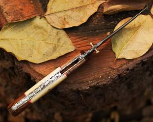 Cuchillo Plegable de Acero de Damasco con Bloqueo Interno, Mango de Hueso y Madera, Funda de Cuero, Cuchillo de Bolsillo EDC para Caza y Camping, Personalizado OEM - Product Image 5