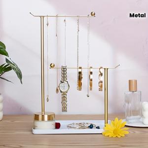 Dual Tier Jewelry Display Stand With Elevated Bars <b>Watch</b> Holder Tray Anti Tangle Necklace Organizer Space Saving Vanity Storage - Product Image 2