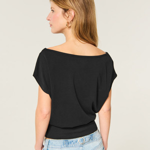 Women's <b>Black</b> Cap <b>Sleeve</b> <b>Crop</b> <b>Top</b> Solid Color O-Neck Loose Fit Knitted Casual Summer Breathable Spandex Cotton Mix - Product Image 2