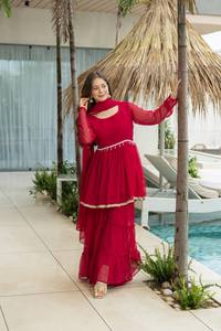 Women's Ethnic Georgette Anarkali Kurta Set with Dupatta Heavy Embroidered Long Sleeve V Neck <b>Ankle</b> Length Dress for Wedding - Product Image 3