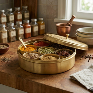 Traditional Brass Masala Dabba <b>Spice</b> <b>Box</b> Luxury Round Organizer with Lid Kitchen Container Set Custom Gift Packing Wholesale - Product Image 2