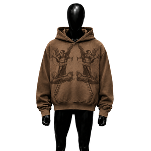 Sweat-shirt à capuche marron surdimensionné pour homme avec imprimé ange, en coton molletonné décontracté, coupe classique, automne - Product Image 1