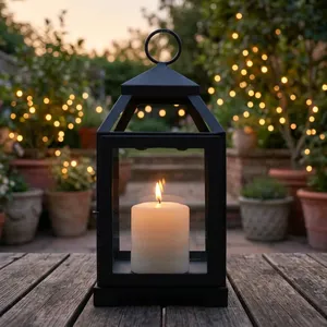 Classic <b>Black</b> Iron Glass <b>Lantern</b> <b>with</b> Pillar <b>Candle</b> Holder Hanging Decorative <b>Lantern</b> for Home Decor Living Room Bedroom - Product Image 3