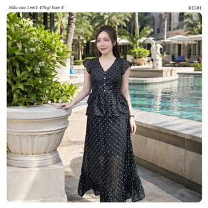 Women’s Polka Dot Chiffon Peplum <b>Top</b> <b>and</b> Maxi <b>Skirt</b> <b>Set</b> V Neck Flutter Sleeve Two Piece Outfit OEM ODM Wholesale - Product Image 2