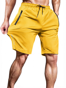 Shorts de sport pour hommes, jaunes, respirants, à séchage rapide, avec taille élastique, pour la course à pied, la musculation, les entraînements, vêtements de sport, avec poches zippées - Product Image 1