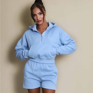 Conjunto de Sudadera con Capucha y Pantalones Cortos de Forro Polar Azul Claro para Mujer, Estilo Casual Holgado de Dos Piezas, Color Sólido, Ropa de Otoño - Product Image 1