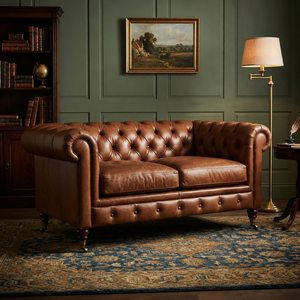 Traditional Chesterfield Leather Sofa Two Seat Tufted Back Rolled Arms Genuine Leather Living Room Furniture Leather Sofa - Product Image 1