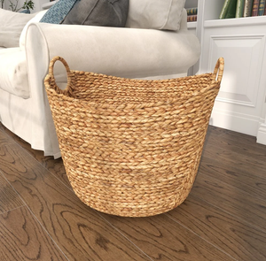 Panier rond en fibres végétales tissées avec poignées, panier de rangement décoratif bohème, pièce unique - Product Image 2