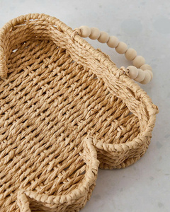 Wave Edge Serving Tray Seagrass Textured Wicker Tray With Bead Handle For Coffee <b>Table</b>, <b>Kitchen</b> Use And Decorative Home Styling - Product Image 4