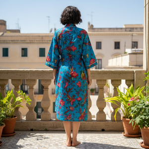 Kimono Floral de Algodón Turquesa |   Bata de casa de manga larga con cuello en V para mujer |   Bata Larga con Bolsillo Delantero de Alta Calidad, Diseño Exquisito - Product Image 4