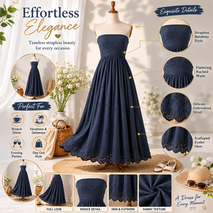 Robe maxi élégante bleu marine sans bretelles |   Robe de soirée d'été pour femme, style bohème, à broderie à œillets, coupe bandeau et taille froncée, idéale pour les vacances - Product Image 5