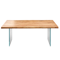 Table de salle à manger contemporaine avec pieds en verre et plateau en bois d'acacia massif à bord naturel, qualité export, pour la maison et la cuisine