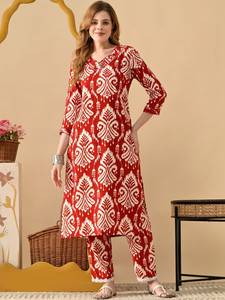 <b>Women</b> Red White Printed Cotton Traditional Quick Dry <b>Kurta</b> Set Regular Fit Knee-Length Ethnic Summer Style India Pakistan Casual - Product Image 4
