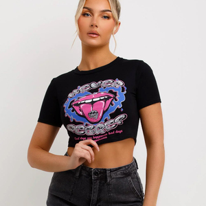 Women's Crop Top Black Short Sleeve <b>Y2K</b> Print Crew Neck 100% Cotton Jersey Loose Fit Breathable Spring Summer Casual T-<b>Shirt</b> - Product Image 4