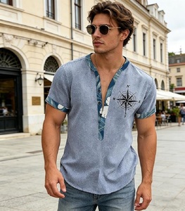 Men's Polyester/Cotton <b>Turtleneck</b> Short Sleeve Garment Dyed Woven T-Shirt with Geometric Print Contrast Trim Casual Top - Product Image 4