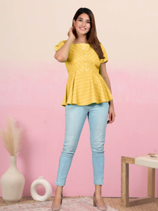 Top Regular Estampado a Rayas de Rayón Color Mostaza, Ropa Casual de Verano para Uso Diario, Venta al por Mayor, Cómoda y Elegante, Ropa de Mujer de Secado Rápido - Product Image 3