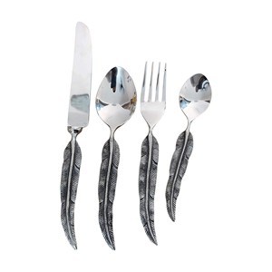 Juego de cubiertos de 4 piezas con mango de plumas, juego de cubiertos vintage con hojas plateadas, juego de cuchara, tenedor y cuchillo antiguos para el hogar - Product Image 4