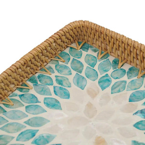 Plateau de service carré en rotin de qualité supérieure avec incrustation de nacre bleue, tressé à la main, plateau décoratif artistique naturel OEM ODM - Product Image 2
