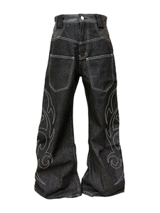 Jeans de mezclilla de cintura alta y pierna ancha para hombre con bordado tribal, estilo casual holgado, pantalones de mezclilla de algodón para otoño. - Product Image 2