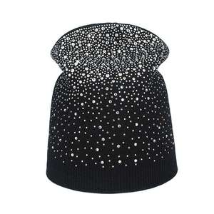 Elegant Black Rhinestone Beanie Hat Hand Knitted Unisex <b>Winter</b> <b>Cap</b> Dot Pattern Adult Size 56-58CM - Product Image 1