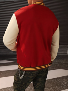 Blouson universitaire unisexe rouge avec bandes jaunes sur les manches, col en V, simple boutonnage, réversible, coupe-vent, pour l'hiver décontracté - Product Image 5