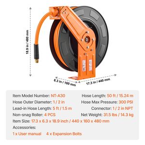 Avvolgitubo Ibrido Retrattile 1/2 x 50 FT per Aria Compressa, 300 PSI Max, Avvolgimento Automatico, Cavo da 5FT, Certificato CE, con Cricchetto per Compressore d'Aria - Product Image 4