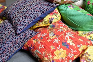 Bohemian Floral Printed Cotton Kantha Stitched Customizable Cushion Cover Square <b>Shape</b> Handmade Hotel Home Decor Envelope - Product Image 4