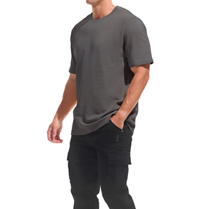 Camiseta de punto de manga corta con cuello redondo para hombre, color gris oscuro, color sólido, ropa informal - Product Image 3