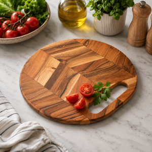 Planche à découper ronde en bois avec poignée |   Planche à découper en bois artisanale |   Plateau de service, plateau à pizza et plateau de charcuterie - Product Image 6