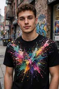 T-shirt pour homme noir à manches courtes et col rond en coton respirant, imprimé numérique motif éclaboussures de peinture abstraite colorées en X, style streetwear - Product Image 5