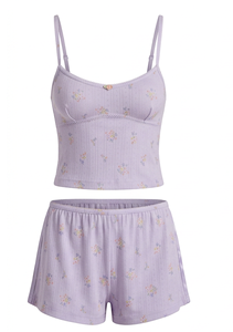 Ensemble pyjama pour femmes, short à fleurs lavande, haut à bretelles réglables et taille élastique, ensemble de vêtements de nuit - Product Image 2