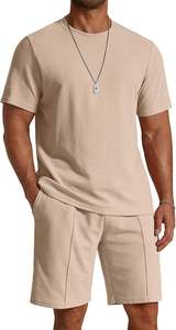 Conjuntos de 2 Piezas para Hombre, Camiseta Casual de Algodón y Pantalones Cortos, Conjunto Deportivo de Verano de Manga Corta con Textura Waffle - Product Image 2