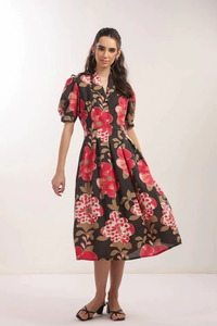 Vestido Midi Floral Negro para Mujer, Tejido Flexible de Algodón Suave y Transpirable con Estampado Vibrante en Toda la Prenda, para Uso Casual de Verano - Product Image 1