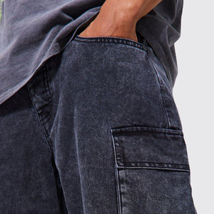 Men Straight Leg Stonewashed Denim Cargo Pants Multiple Pockets <b>Elastic</b> <b>Waist</b> Workwear Style Midweight 100% Cotton Canvas - Product Image 3