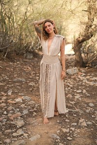 Vestido Maxi de Algodón Khadi Beige Hecho a Mano con Patrones Geométricos Tribales Tradicionales, Atuendo para Festivales al Aire Libre, Vestido Informal Beige Claro - Product Image 5