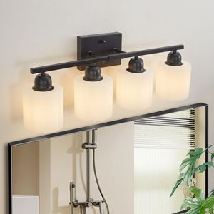 4 <b>Light</b> Modern Bathroom <b>Vanity</b> <b>Light</b> <b>Mirror</b> Black and Milky White Frosted Glass Shades E26 Wall Sconces - Product Image 2